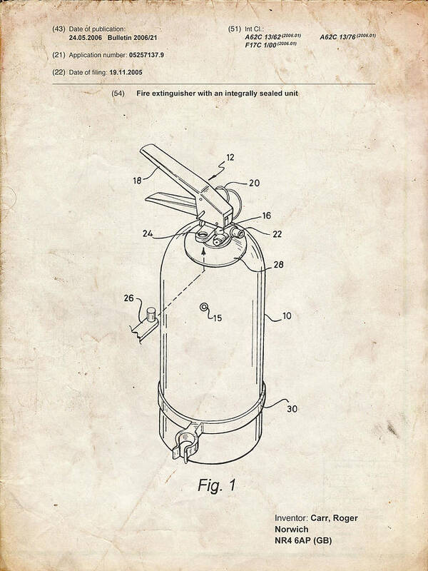 Pp396-vintage Parchment Modern Fire Extinguisher Patent Poster Art Print featuring the digital art Pp396-vintage Parchment Modern Fire Extinguisher Patent Poster by Cole Borders