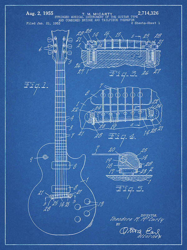Pp47-blueprint Gibson Les Paul Guitar Patent Poster Art Print featuring the digital art Pp47-blueprint Gibson Les Paul Guitar Patent Poster by Cole Borders