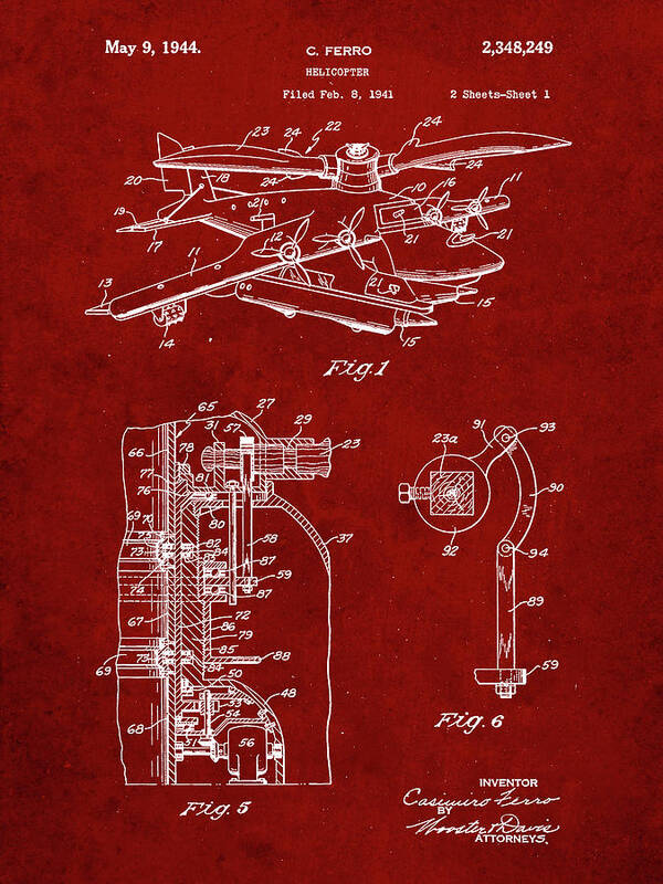 Pp500-burgundy Early Helicopter Patent Poster Art Print featuring the digital art Pp500-burgundy Early Helicopter Patent Poster by Cole Borders