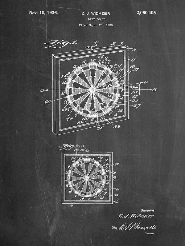 Pp625-chalkboard Dart Board 1936 Patent Poster Art Print featuring the digital art Pp625-chalkboard Dart Board 1936 Patent Poster by Cole Borders