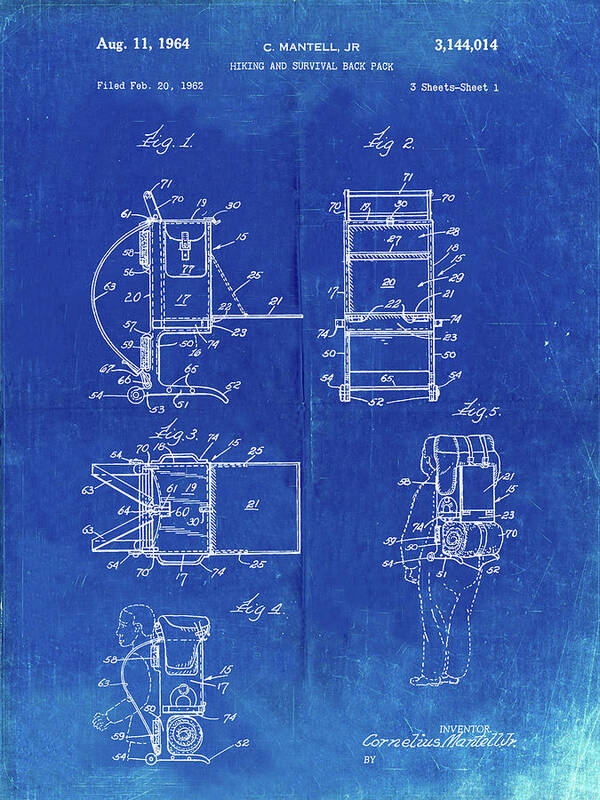 Pp632-faded Blueprint Framed Hiking Pack Patent Poster Art Print featuring the digital art Pp632-faded Blueprint Framed Hiking Pack Patent Poster by Cole Borders