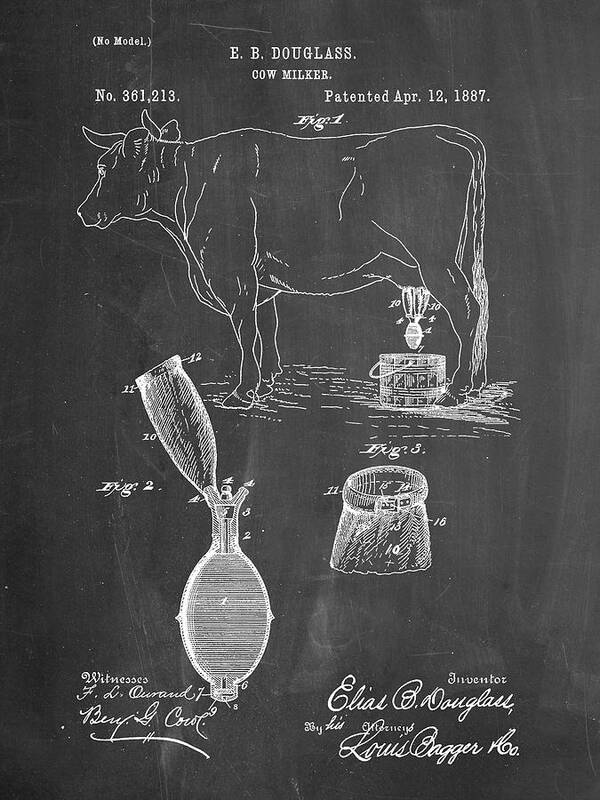 Pp639-chalkboard Cow Milker 1887 Patent Poster Art Print featuring the digital art Pp639-chalkboard Cow Milker 1887 Patent Poster by Cole Borders