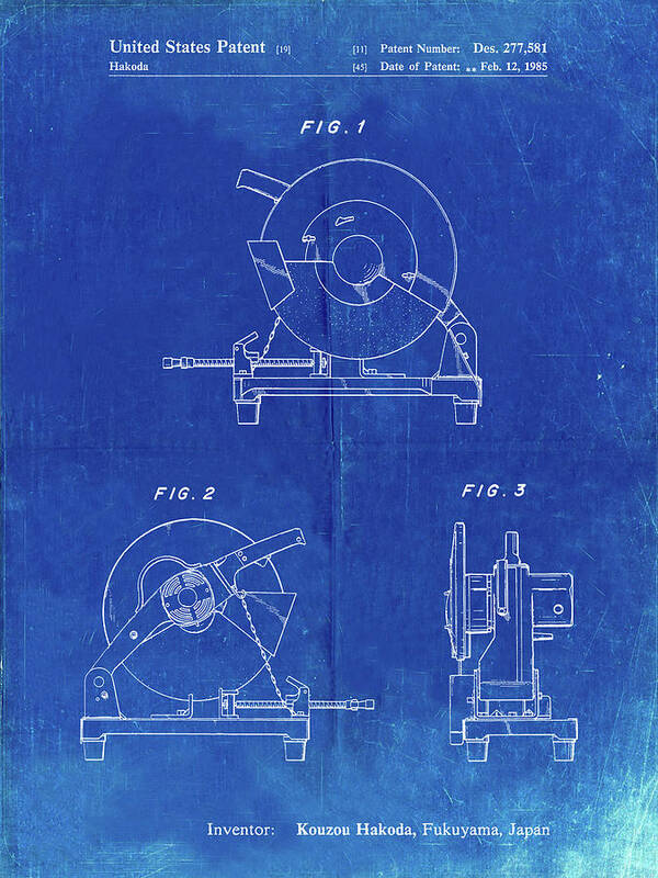 Pp762-faded Blueprint Chop Saw Patent Poster Art Print featuring the digital art Pp762-faded Blueprint Chop Saw Patent Poster by Cole Borders