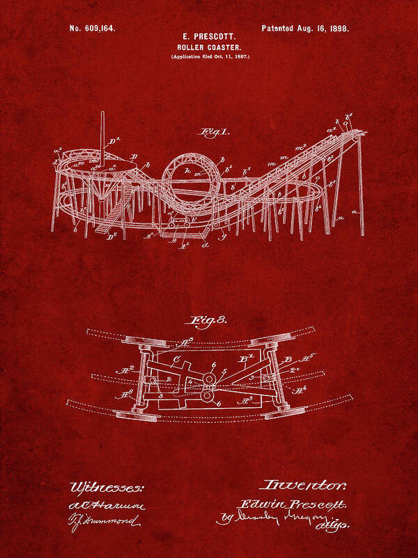 Pp772-burgundy Coney Island Loop The Loop Roller Coaster Patent Poster Art Print featuring the photograph Pp772-burgundy Coney Island Loop The Loop Roller Coaster Patent Poster by Cole Borders