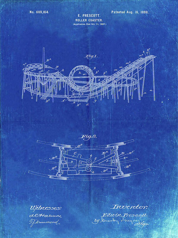 Pp772-faded Blueprint Coney Island Loop The Loop Roller Coaster Patent Poster Art Print featuring the photograph Pp772-faded Blueprint Coney Island Loop The Loop Roller Coaster Patent Poster by Cole Borders