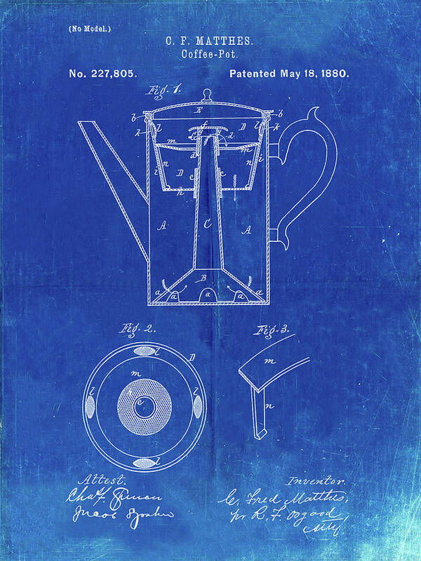 Pp78-faded Blueprint Coffee Percolator 1880 Patent Art Art Print featuring the digital art Pp78-faded Blueprint Coffee Percolator 1880 Patent Art by Cole Borders
