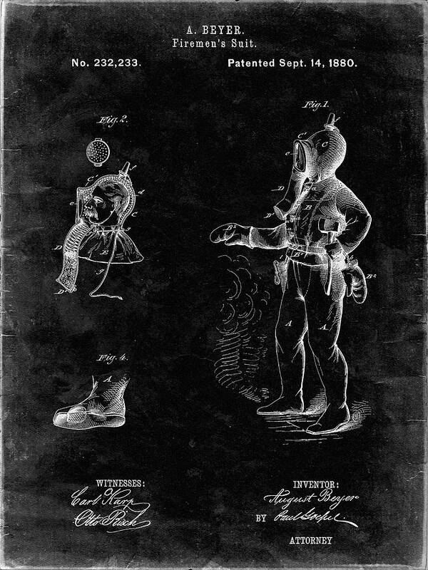 Pp811-black Grunge Firefighter Suit 1880 Patent Poster Art Print featuring the digital art Pp811-black Grunge Firefighter Suit 1880 Patent Poster by Cole Borders