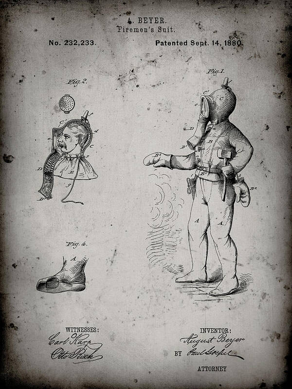 Pp811-faded Grey Firefighter Suit 1880 Patent Poster Art Print featuring the digital art Pp811-faded Grey Firefighter Suit 1880 Patent Poster by Cole Borders