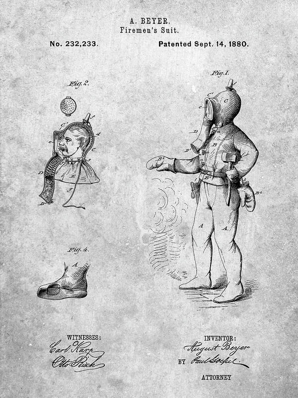 Pp811-slate Firefighter Suit 1880 Patent Poster Art Print featuring the digital art Pp811-slate Firefighter Suit 1880 Patent Poster by Cole Borders
