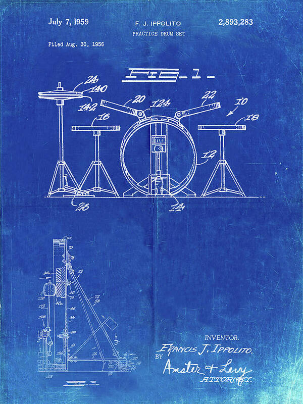 Pp852-faded Blueprint Frank Ippolito Practice Drum Set Patent Poster Art Print featuring the digital art Pp852-faded Blueprint Frank Ippolito Practice Drum Set Patent Poster by Cole Borders
