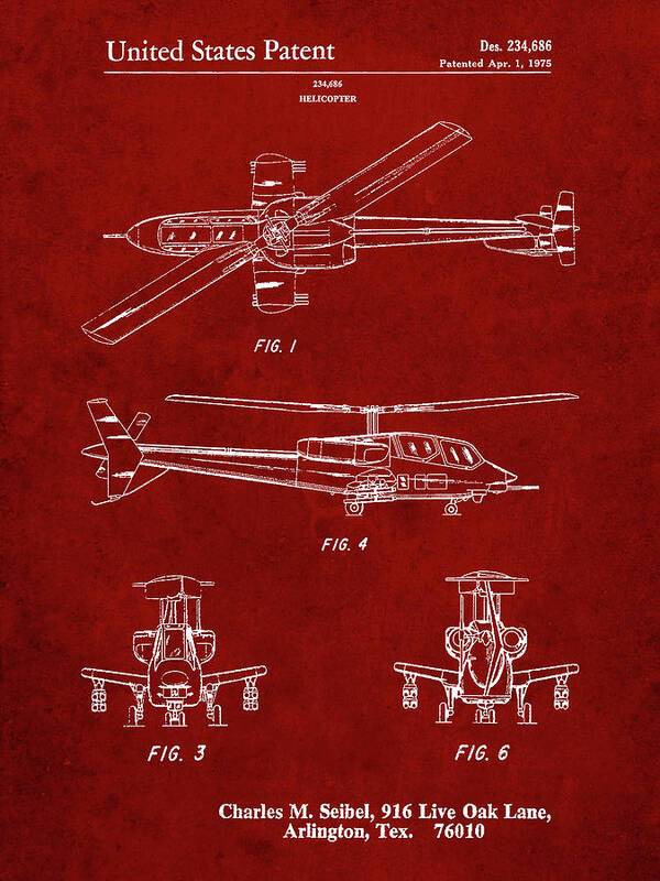 Pp876-burgundy Helicopter Patent Print Art Print featuring the digital art Pp876-burgundy Helicopter Patent Print by Cole Borders