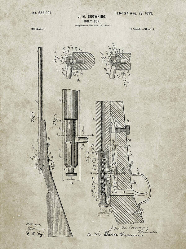 Pp93-sandstone Browning Bolt Action Gun Patent Poster Art Print featuring the digital art Pp93-sandstone Browning Bolt Action Gun Patent Poster by Cole Borders