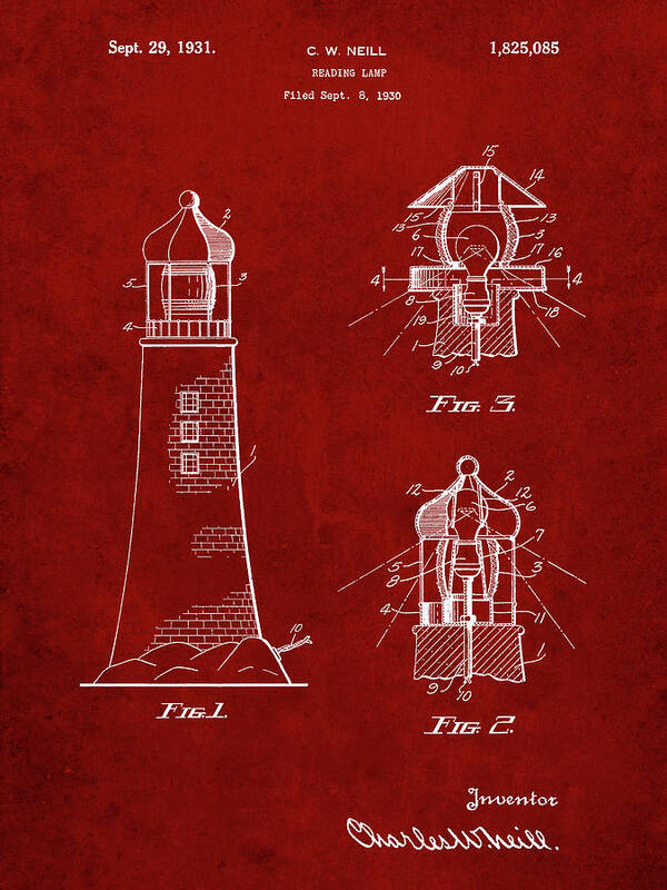 Pp941-burgundy Lighthouse Patent Poster Art Print featuring the digital art Pp941-burgundy Lighthouse Patent Poster by Cole Borders