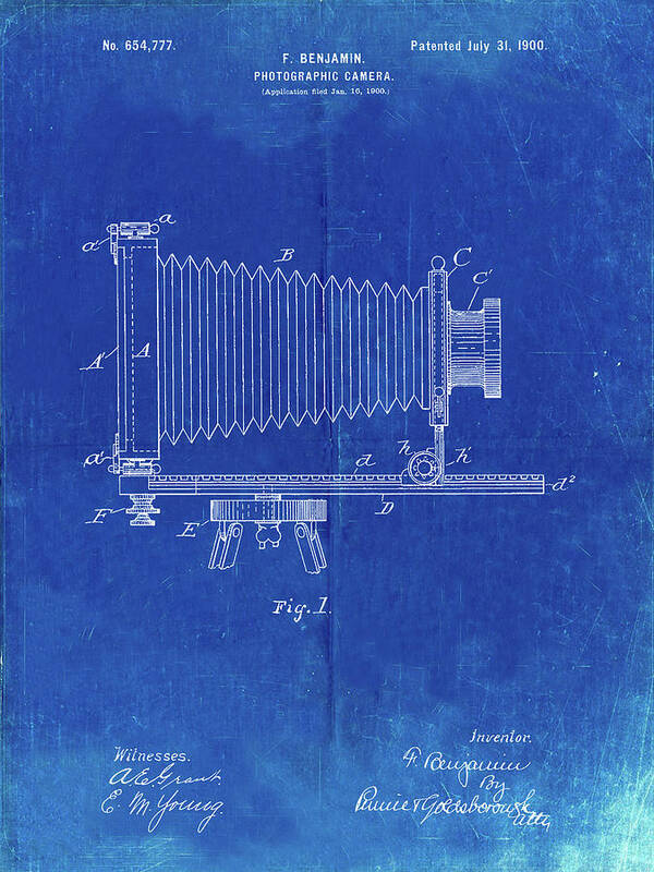 Pp985-faded Blueprint Photographic Camera Patent Poster Art Print featuring the photograph Pp985-faded Blueprint Photographic Camera Patent Poster by Cole Borders