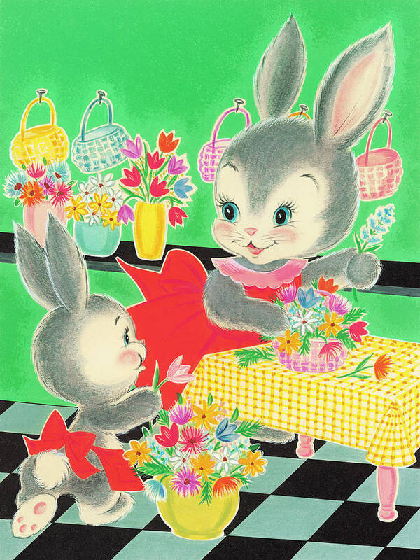 Animal Art Print featuring the drawing Rabbits Making Flower Baskets by CSA Images