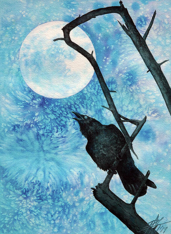 Raven Art Print featuring the painting Raven with Torrey Pine Branch and Cold Moon by Robin Street-Morris