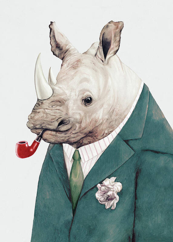 Rhino Art Print featuring the painting Rhino in Teal by Animal Crew