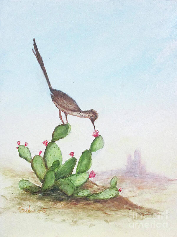 Wildlife Art Print featuring the painting Roadrunner and Cacti by Roseann Gilmore