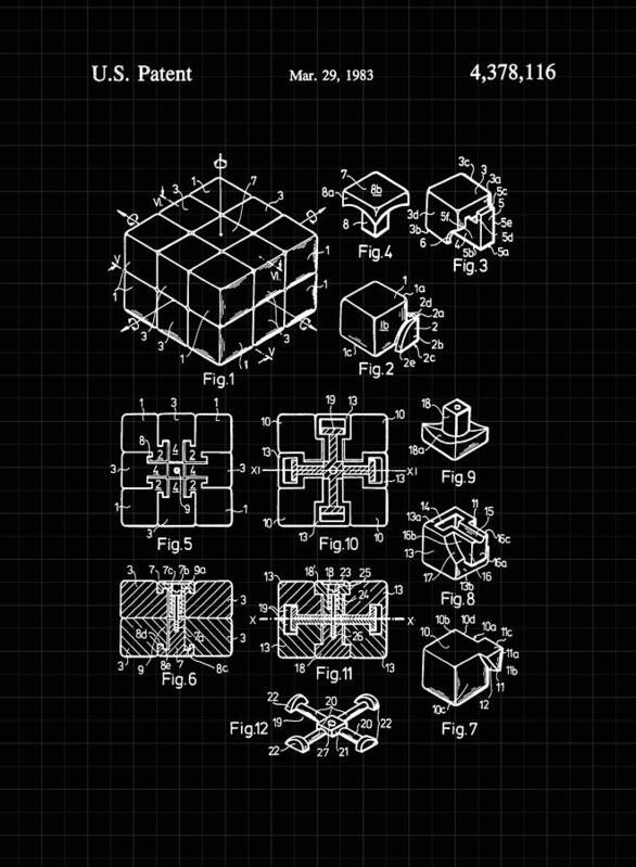 Rubik's Cube Art Print featuring the digital art Rubik's Cube Patent 1983 - Black and White by Marianna Mills