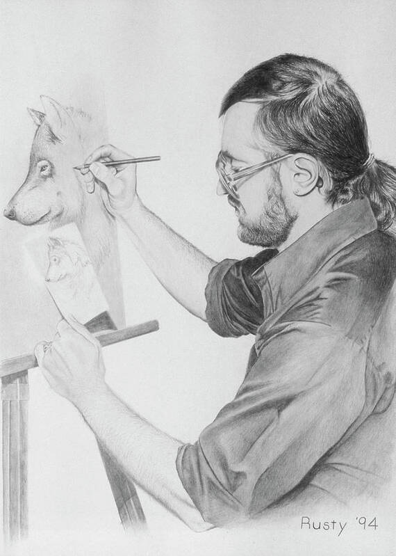 Rusty Frentner Drawing A Portrait Of A Wolf Art Print featuring the painting Self Portrait by Rusty Frentner