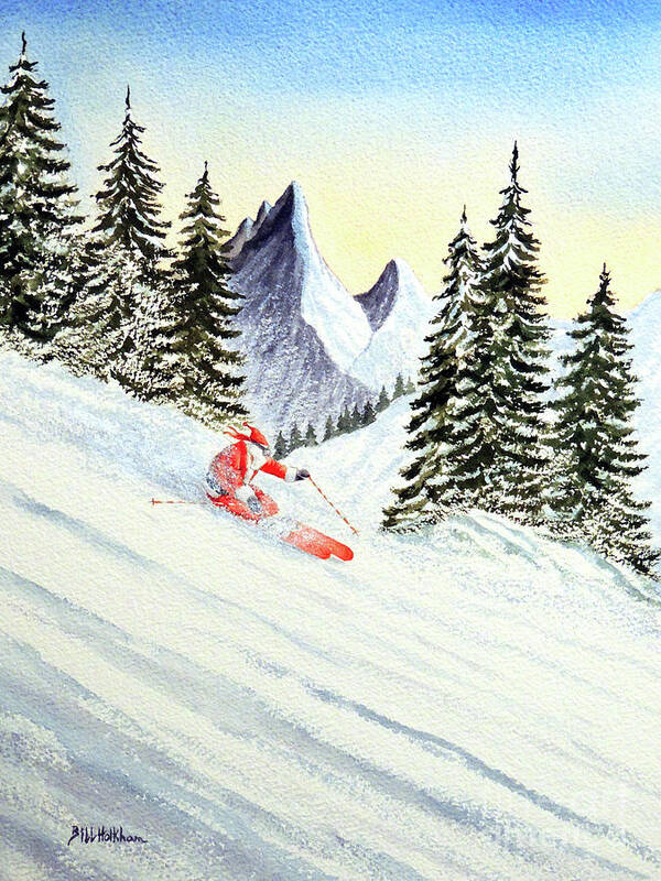 Skiing Art Print featuring the painting Skiing Santa by Bill Holkham