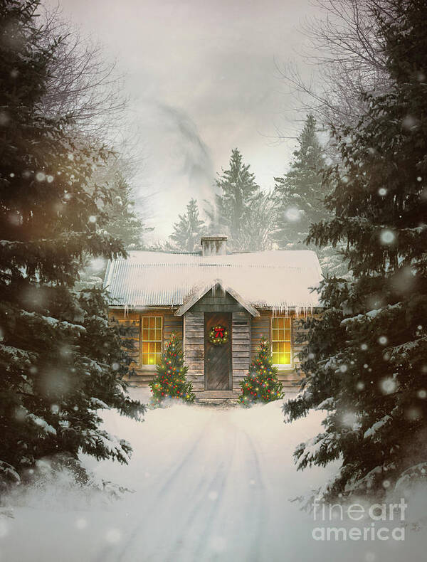  Amazing Art Print featuring the photograph Small cabin in a snow covered forest by Sandra Cunningham