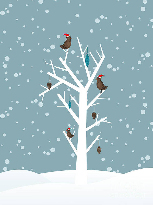 Symbol Art Print featuring the digital art Snow Fall Background With Birds Sitting by Allies Interactive