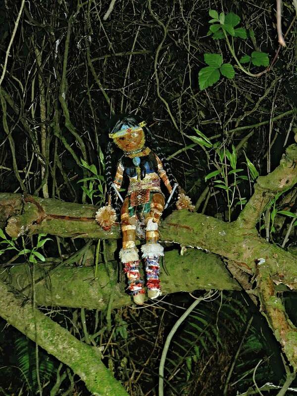 Doll Art Print featuring the photograph Spooky doll in forest by Martin Smith