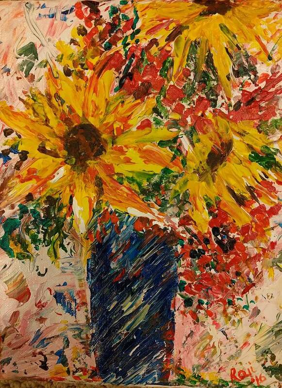 Sunflowers Art Print featuring the painting Sunflowers by Raji Musinipally