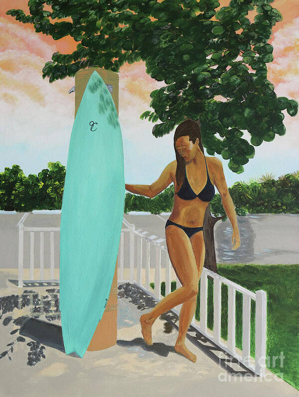 Beach Art Print featuring the painting Surfer Girl Beach Shower by Jenn C Lindquist