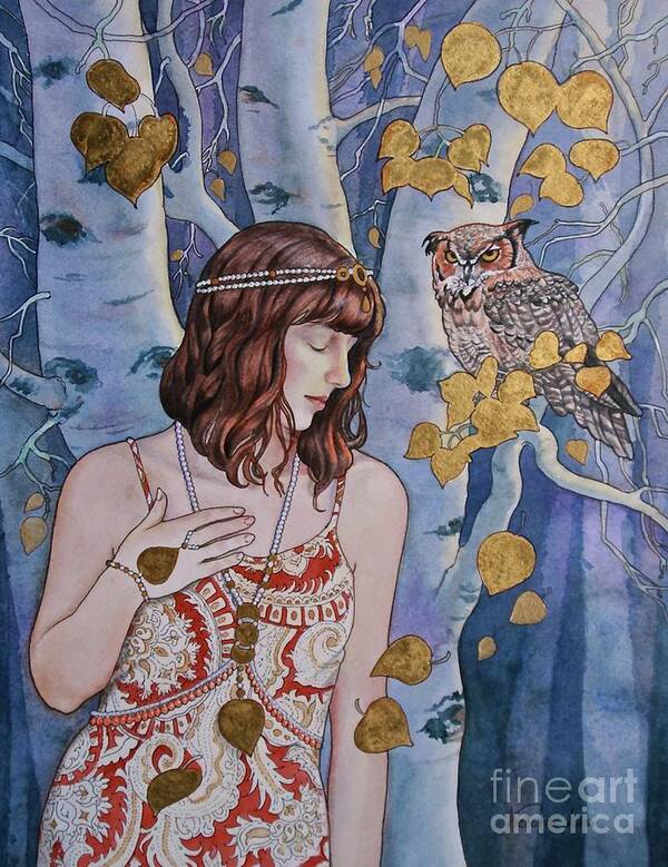 Watercolor& Gold Leaf Art Print featuring the painting The Owl's Secret by Victoria Lisi