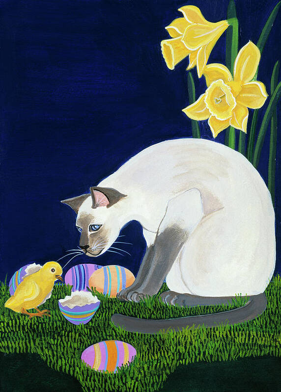 Siamese Cat Looking At A Chick Art Print featuring the painting The Surprise by Jan Panico