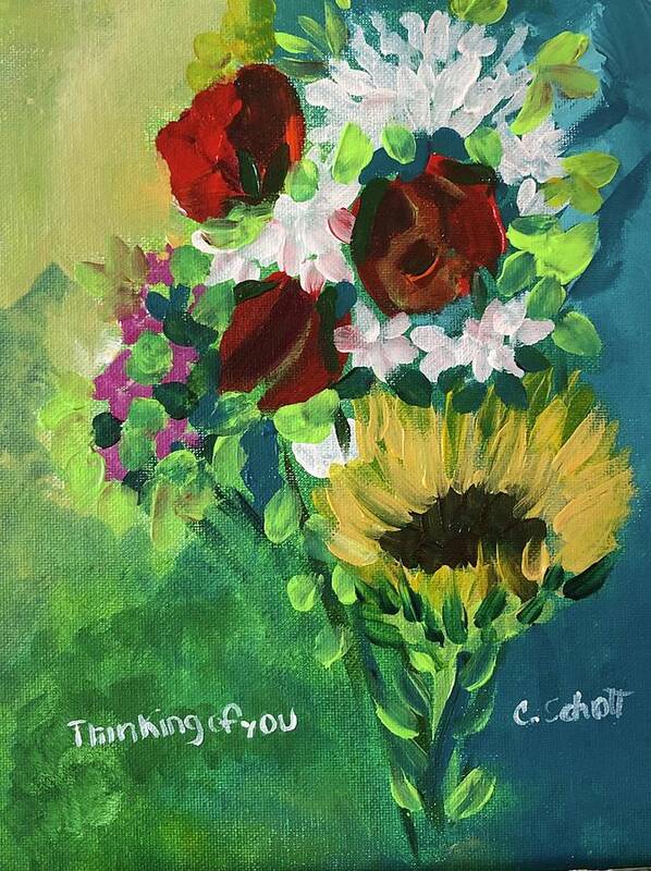 Roses Mums Sunflower Bouquet Flowers Art Print featuring the painting Thinking of you II by Christina Schott