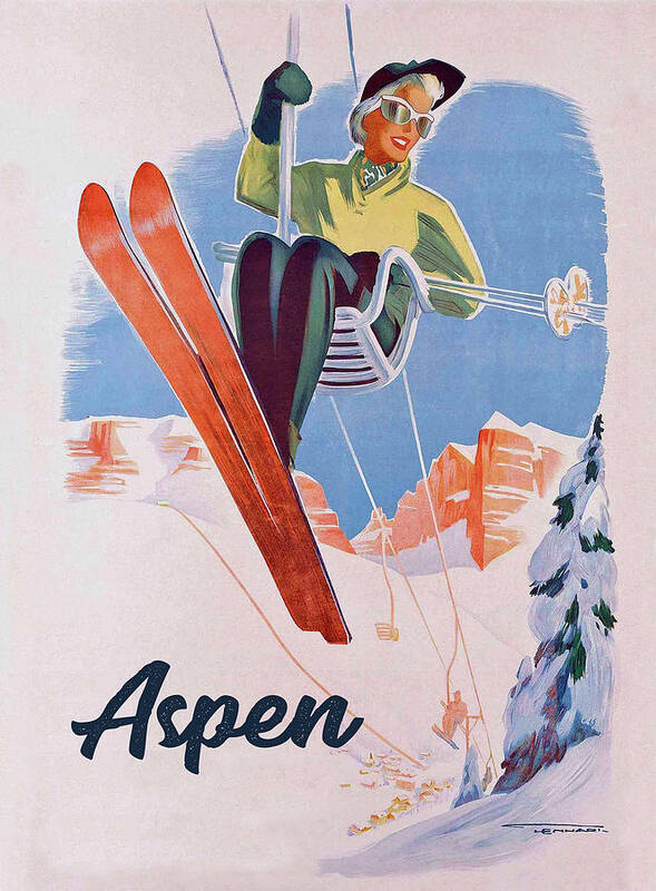 Vintage Aspen Ski Lift Art Print featuring the mixed media Vintage Aspen Ski Lift by Vintage Lavoie