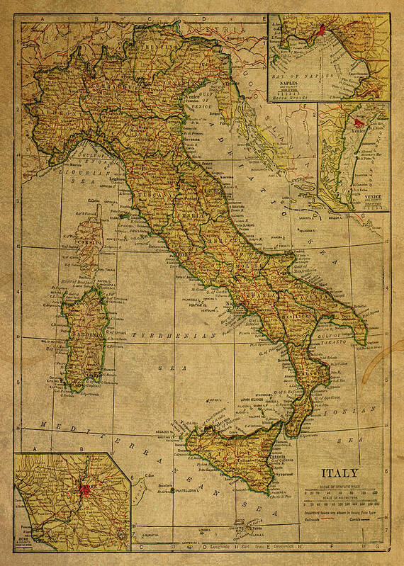 Vintage Art Print featuring the mixed media Vintage Map of Italy 1925 by Design Turnpike