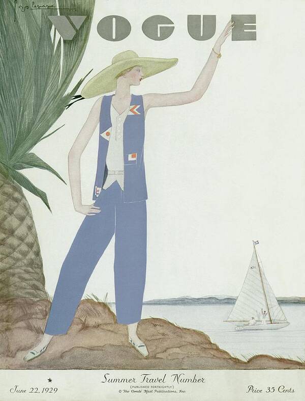 #new2022vogue Art Print featuring the painting Vintage Vogue Cover Of A Woman On Holiday Waving by Georges Lepape