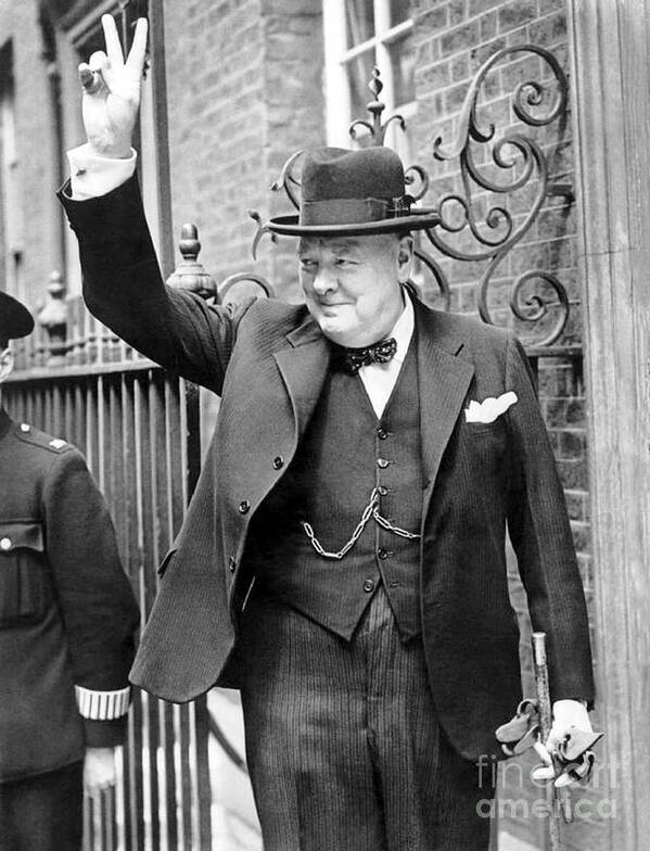 Churchill Art Print featuring the photograph Winston Churchill showing the v sign by English School