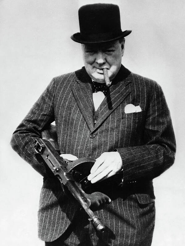 Winston Churchill Art Print featuring the painting Winston Churchill with Tommy Gun by English School
