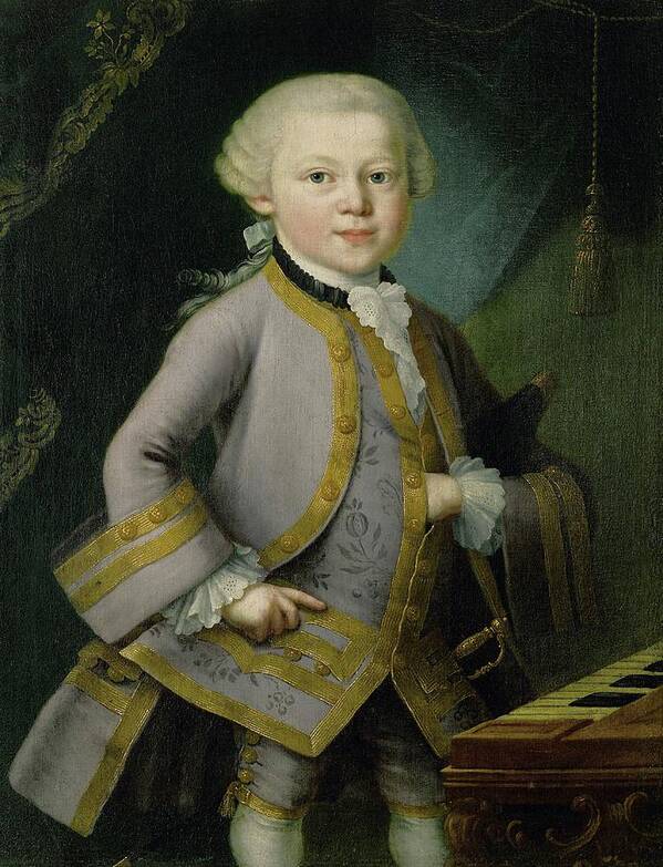 Johann Wolfgang Mozart Art Print featuring the painting 'Wolfgang Amadeus Mozart as young boy in the court costum', 1767 , Oil... by Pietro Antonio Lorenzoni