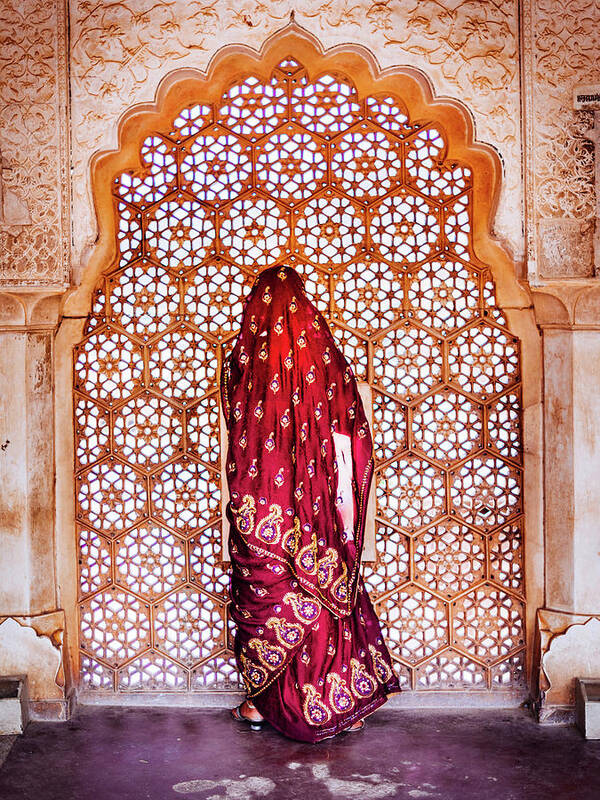 Arch Art Print featuring the photograph Woman In Sari At Decorated Window by Rich Jones Photography