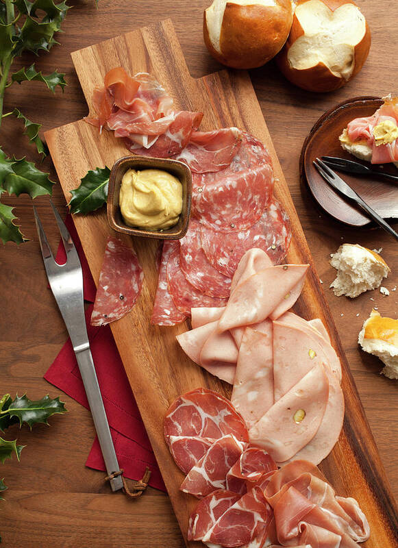 California Art Print featuring the photograph Wooden Platter With Sliced Deli Meats by Lisa Romerein