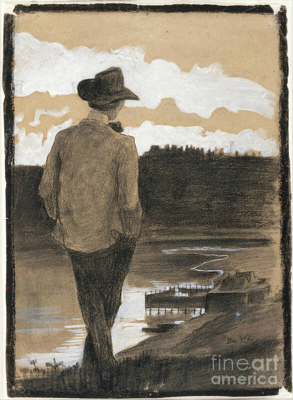 Young Men Art Print featuring the drawing Young Man On A Riverbank by Heritage Images