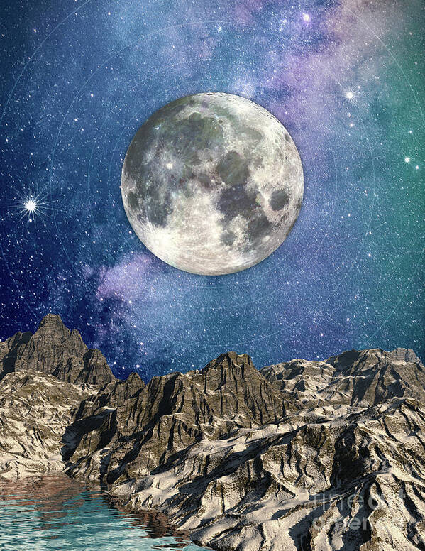 Moon Art Print featuring the digital art Moon Over Mountains #1 by Phil Perkins