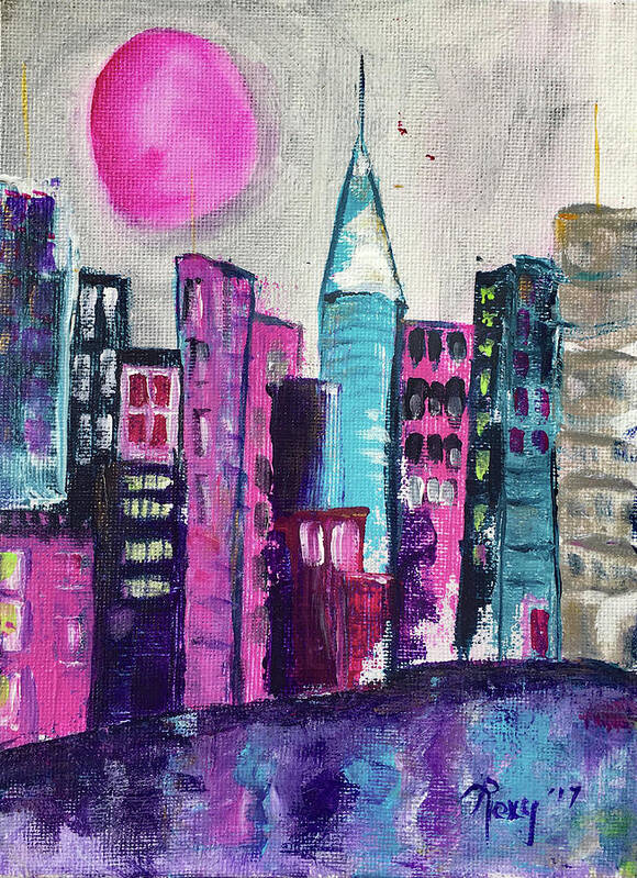 City Art Print featuring the painting Pink Moon City by Roxy Rich