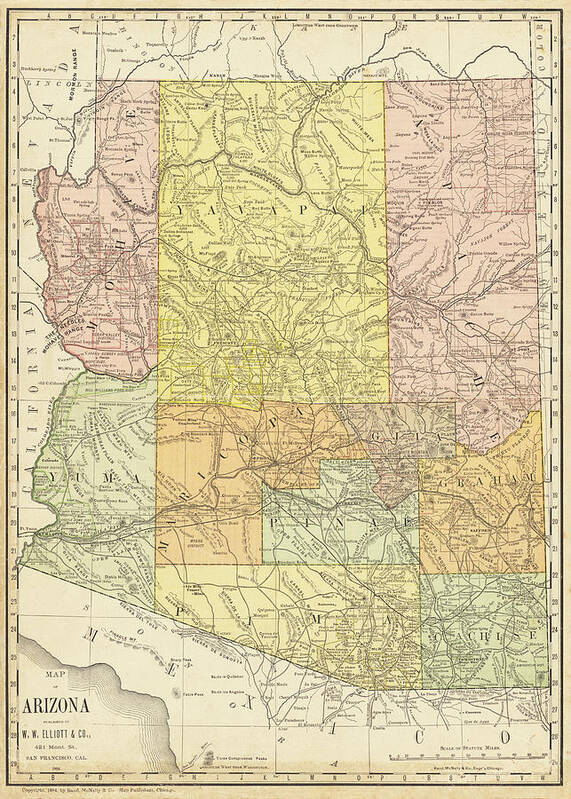 Arizona Art Print featuring the photograph 1884 Historical Map of Arizona, Arizona County Map in color by Toby McGuire