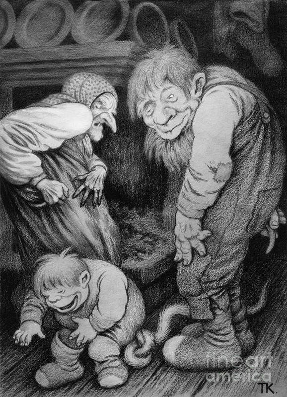 Theodor Kittelsen Art Print featuring the drawing Troll by O Vaering by Theodor Kittelsen