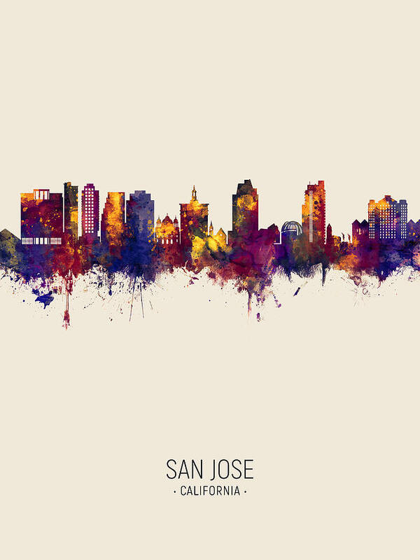 San Jose Art Print featuring the digital art San Jose California Skyline #4 by Michael Tompsett