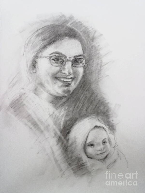 Sketch Art Print featuring the painting A friend wit her nephew by Asha Sudhaker Shenoy