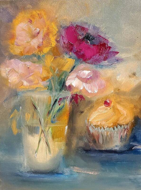 Cake Art Print featuring the painting A little Cake And Flowers Today by Lisa Kaiser