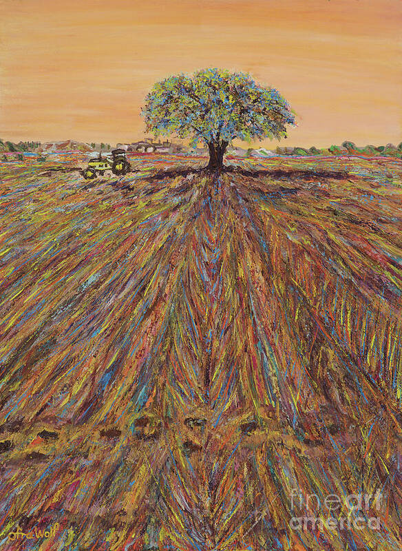 Farm. Sowing Art Print featuring the painting A look from a distance at the plowed field by Ofra Wolf